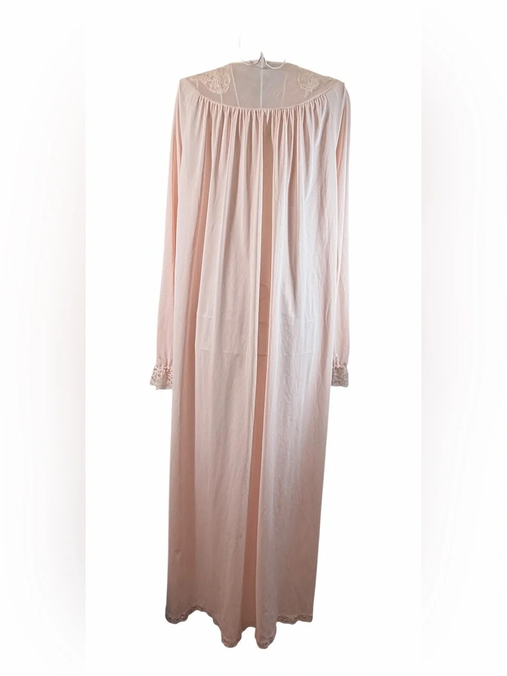 Vintage Shadowline Nylon Long Pink Lace-Trim Nightgown Size M Flawed see below